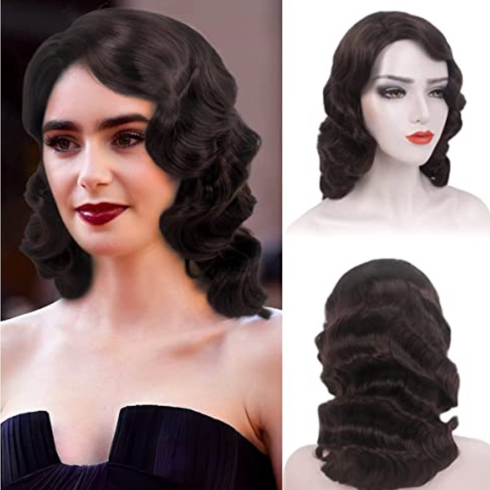 Black Vintage Finger Wave Wig with Glossy Finish